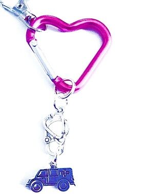 Pink Heart Carabiner Keychain with Ambulance Charm